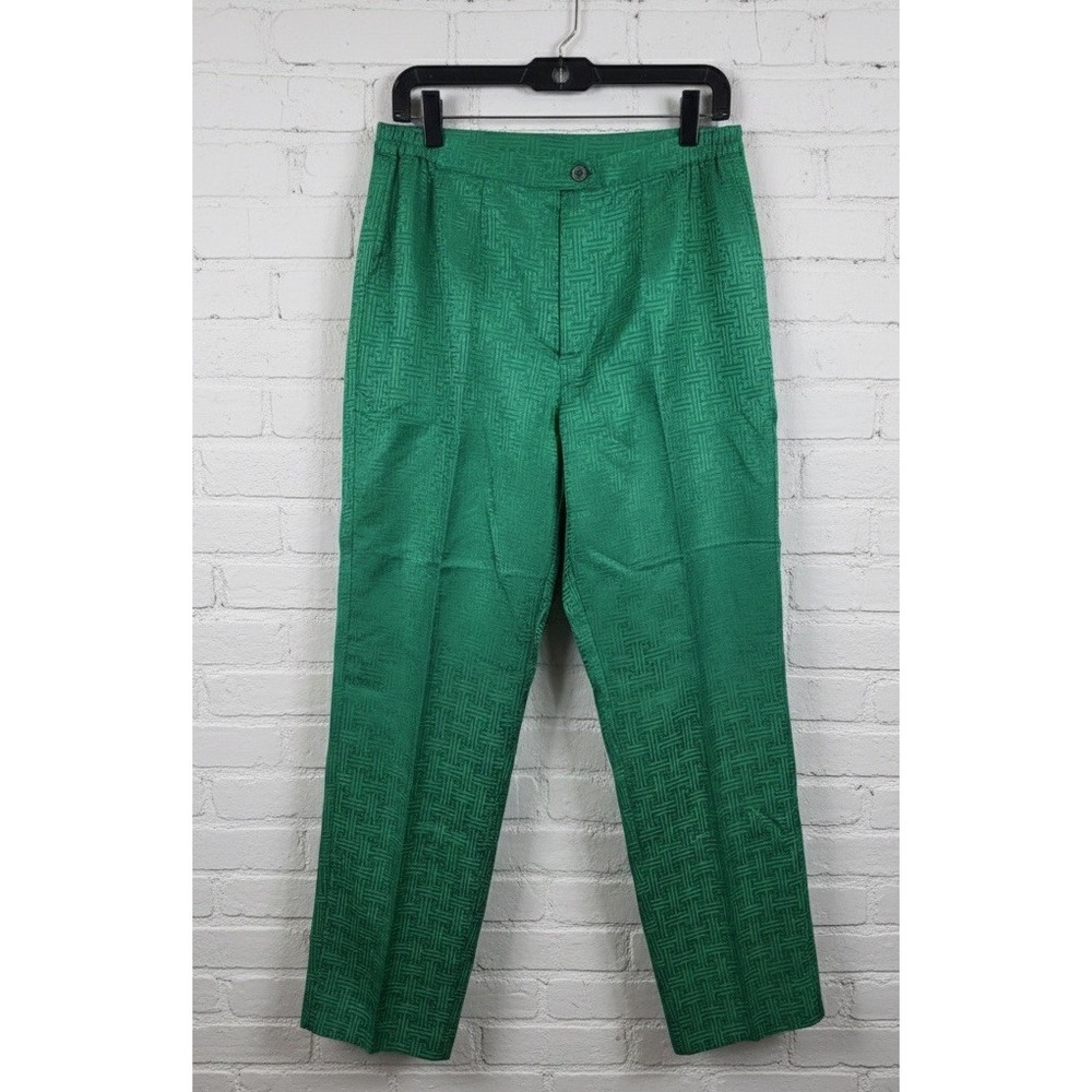 Vintage🔥YUE HWA 🈯️100% Silk Jacquard Pants Emerald Green Geometric Fretwork XL